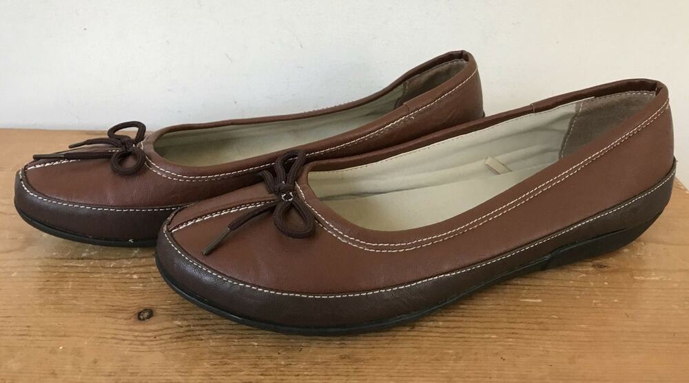 CL Laundry NY Brown Leather White Stitch City Bow Flats Comfort Shoes 6.5 37